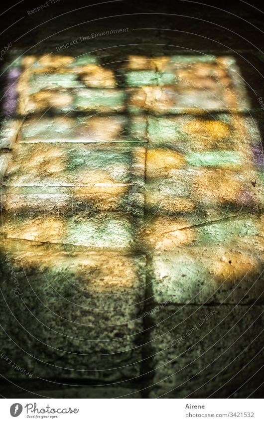 It smells like... | ...incense... Contrast Detail Christianity Sunlight Granite enlightenment Lonely pray silent Meditation Paving stone Ground golden Church