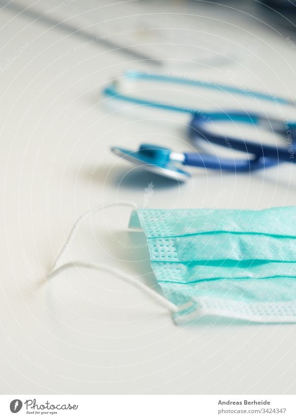 Medical mouthguard on a doctor's desk, selective focus on the foreground professional safeguard protective face guard influenza virus contamination