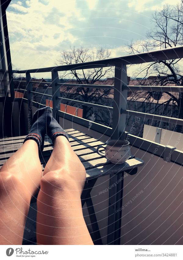 End of work - sunbathing on the balcony Balcony sunshine Coffee Cup Legs Table tan Goof off rest Break Comfortable To enjoy naked legs socks Coffee break