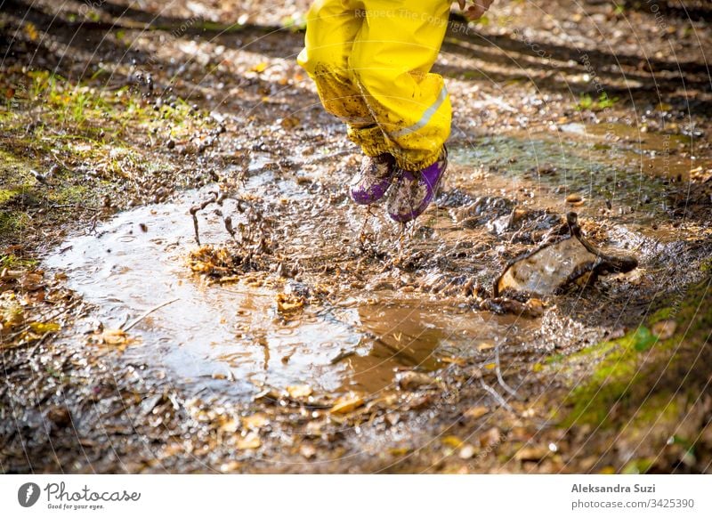 Cute little girl jumping in muddy puddle wearing yellow rubber overalls. Happy childhood. Sunny autumn forest adorable boot candid cute dirty drop fall fun