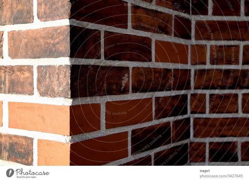 rough edges Corner Wall (barrier) Facade Red bricks Building House (Residential Structure) Wall (building) lines Light and shadow geometric Repaired Old New