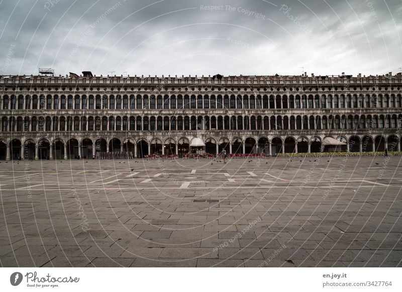 Corona thougths | Empty St Mark's Square in Venice Europe public square Crisis Bad weather Clouds Building void output lock corona crisis Tourism voyage Arcade