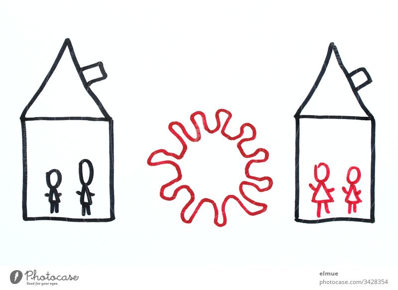 Hand drawing Covid-19 + 2 houses with red and black stick figures as a symbol for infinite and uninfected keep sb./sth. apart gap coronavirus covid-19 Clue