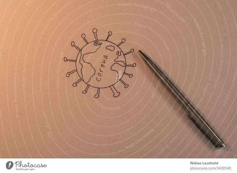 Corona Planet corona pandemic covid-19 coronavirus world Globe Sphere Virus pen Leaf Paper Drawing corona virus infection Distribute dissemination