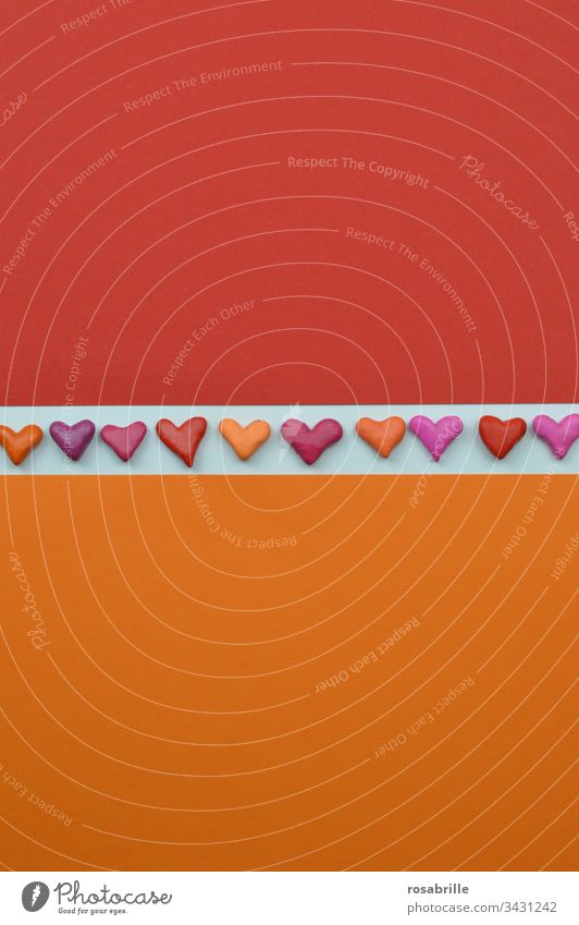 Hearts as a ribbon on white between orange and red | colour combination cuddle Red Orange Love Abstract Free space Copy Space Band Stripe White pink purple