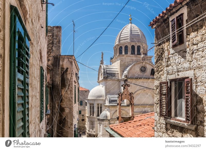 Croatia, city of Sibenik, panoramic view of the old town center and cathedral of St James, most important architectural monument of the Renaissance era in Croatia, UNESCO World Heritage