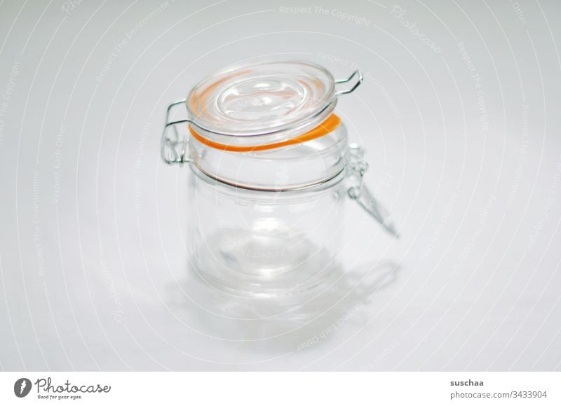 Empty preserving jar Preserving jar Glass safekeeping keep fresh Supply Jam Transparent hoard Neutral background white background Copy Space rubber ring