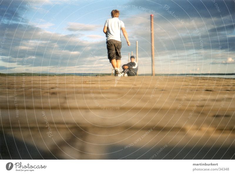 Sweden's footbridges Lake Footbridge Clouds Worm's-eye view Human being Walking