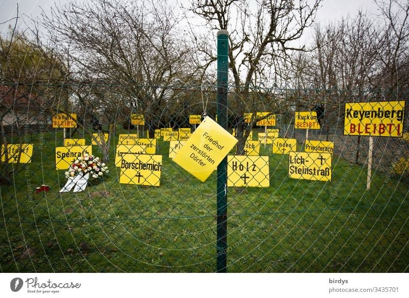 Cemetery of the destroyed villages, installation in the village of Keyenberg near the Garzweiler opencast mine in NRW. Each sign stands for a place which has disappeared from the map due to the opencast lignite mine. Keyenberg would be the next village destroyed by RWE