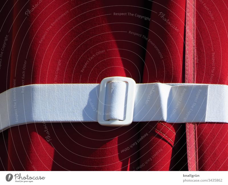 Detail of the white strap of the red parasol lacing up Sunshade Belt Attachment Belt buckle Buckle Cloth Light Shadow Colour photo Stitching Red White