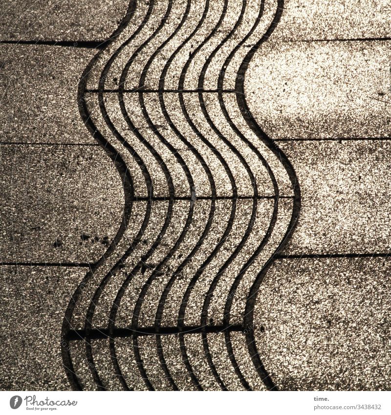 regular service Bird's-eye view Floor covering Art Surprise unusual Stone slab off walkway Wavy lines Stripe Back-light Sunlight crack Maritime wave Design
