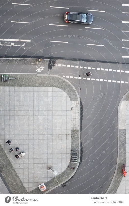 Street junction, from above, with lines, slabs, pavement as well as car, bicycles and pedestrians Places confluence off Line Lane markings Asphalt Above Bicycle
