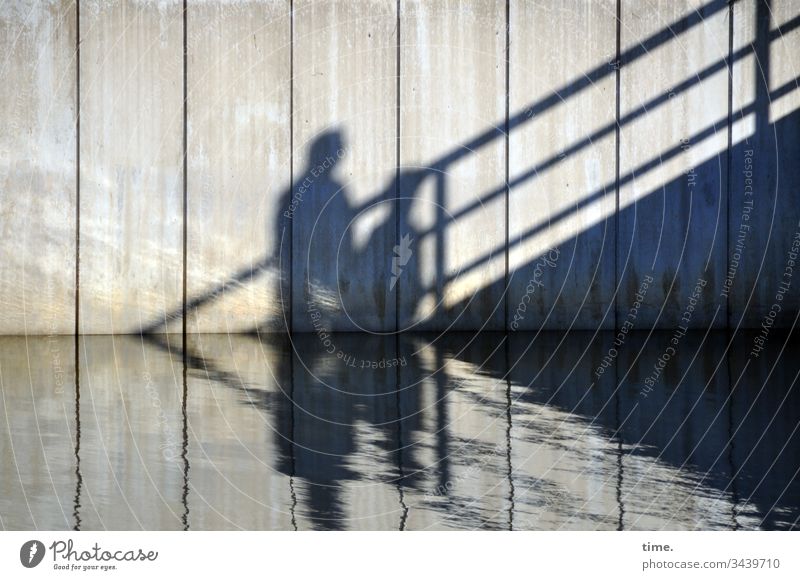4eyes | Ridge Walk Shadow Water rail Silhouette Concrete harbour basins reflection Puzzle spooky Sunlight Beautiful weather Twigs and branches Heiligenhafen
