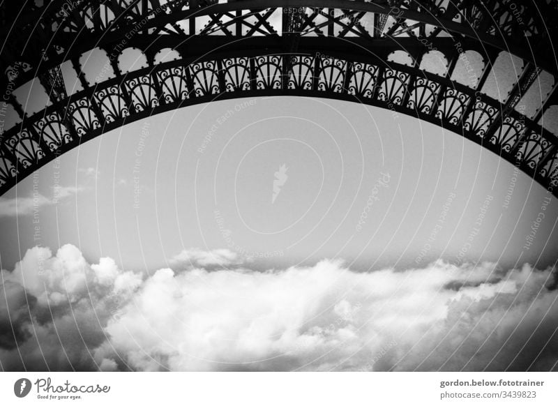 View from the Eifel Tower panoramic view daylight little colour Deserted Clouds Arch of the Eifel Tower upper edge Clouds lower half Blue white black