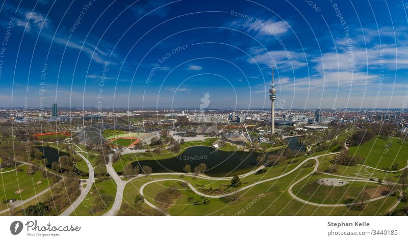 Attractive view from a flight over Munich in spring. German Park Healthy Spring Fresh Air heyday Colour panorama Beautiful Skyline Drone travel popular