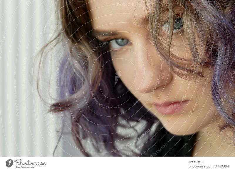 Violet-haired young woman Esthetic Face portrait pretty Thought Uniqueness Identity Hide Observe Timidity Girl Curl Beautiful Dream Exceptional Curiosity