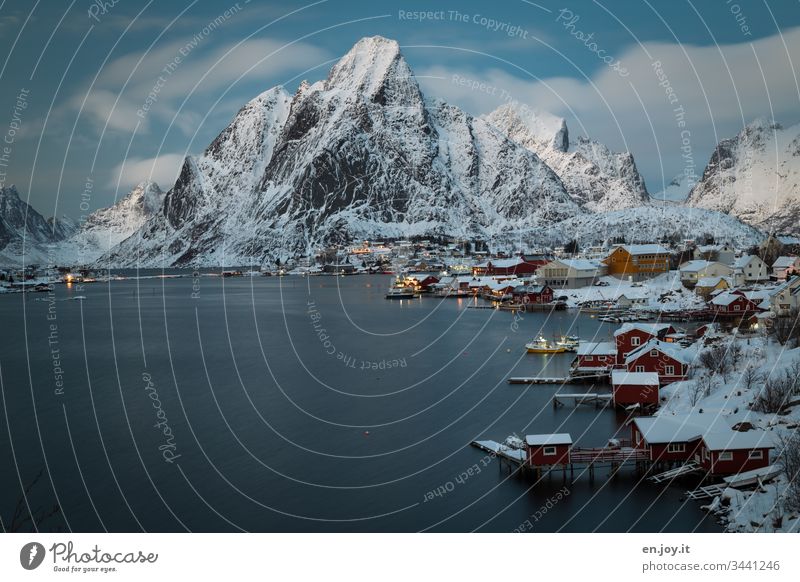 Snowy small town at the fjord in front of Bergen at the blue hour Blue vacation famous Tourist Attraction Small Town Water Night Evening Idyll Light