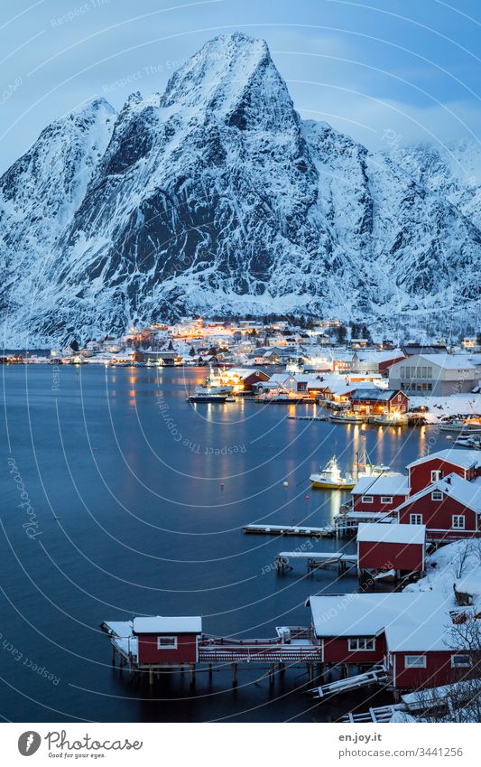 Snowy small town at the fjord in front of Bergen at the blue hour Blue vacation famous Tourist Attraction Small Town Water Night Evening Idyll Light