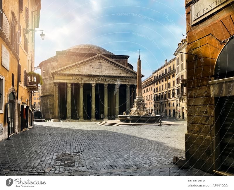 The Pantheon and the fountain in Piazza della Rotonda in Rome seen from Via del Pantheon. pantheon rome italy tourism city ancient temple church famous place