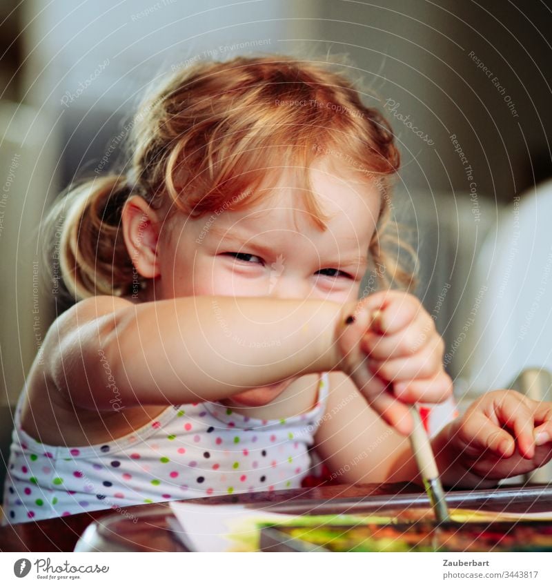 Little sweet girl shines and paints with watercolours Toddler Child Infancy Laughter luck Painting (action, artwork) Playing Joie de vivre (Vitality) Happiness
