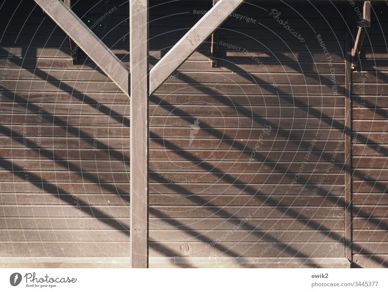 Y Wood Wall (building) bungalow Pole piers Diagonal Shadow shadow cast Simple Wooden wall Sunlight Structures and shapes Brown Subdued colour Pattern Detail Old