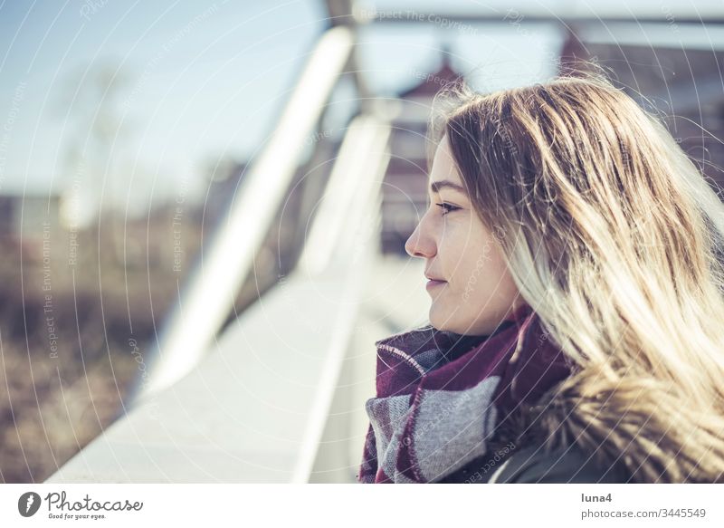 happy young woman in the city Woman Meditative Smiling Bridge Young woman Attractive Happy fortunate contented cheerful Handrail sensual Joy confident Positive