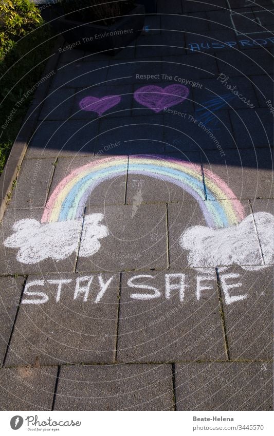 Appeal to reason: rainbow painted with chalk and hearts "Stay Safe Rainbow Happy Roll call painting Healthy Virus Spread Pandemic - disease Hope Heart Desire
