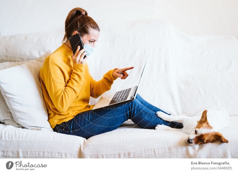 young woman working on laptop at home, sitting on the couch, wearing protective mask. Cute small dog besides. Stay home concept during coronavirus covid-2019