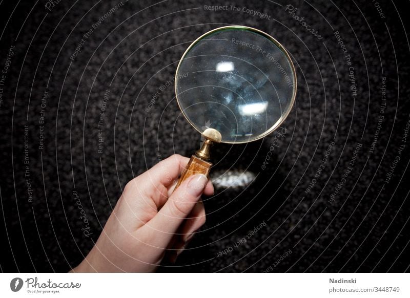 Searching Magnifying glass Colour photo Lens Hand Human being Looking Glass search investigation Carpet mite infestation Mite Allergy Allergies Dust Detective