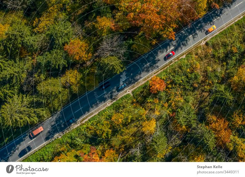 Vertical view from a drone at a autumn road with driving cars, birds eye perspective. traffic speed aerial fall sun nature landscape awesome diagonal line