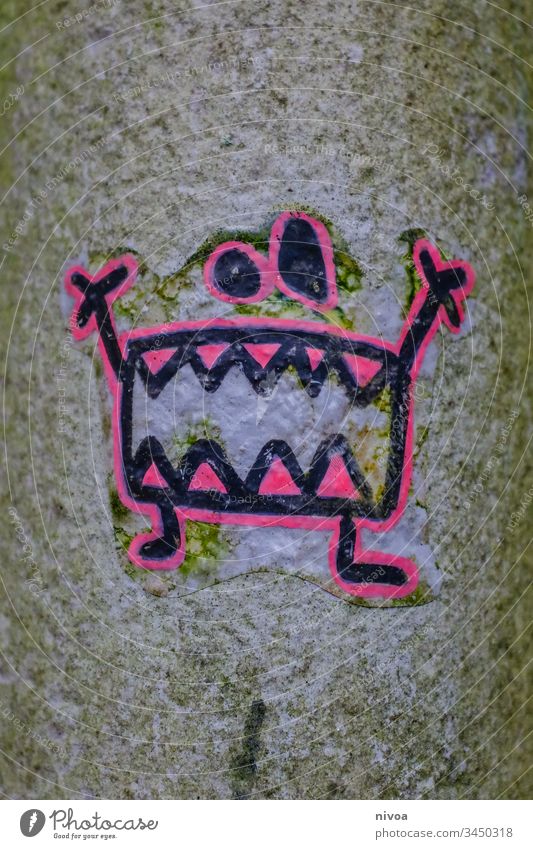 Monster Sticker Drawing sticker stickers Lamp post Teeth Colour photo Creepy Eyes Day Mouth Exterior shot Nose Scream 1 Evil Cute Human being Face Fear