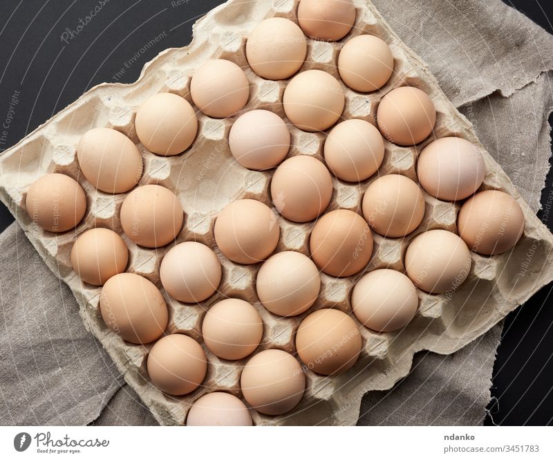 whole round raw brown homemade chicken eggs in a paper tray carton agriculture animal background bird breakfast case closeup color cuisine diet dinner domestic