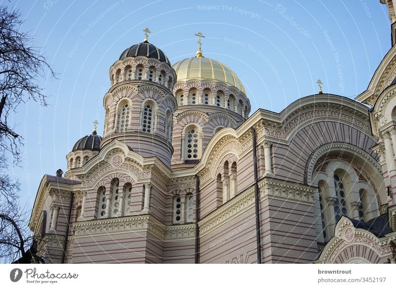 Birth Cathedral of the Russian Orthodox Church in Riga cathedral of birth Orthodoxy Russian-orthodox Latvia Neo-Byzantine Domed roof Architecture Christianity