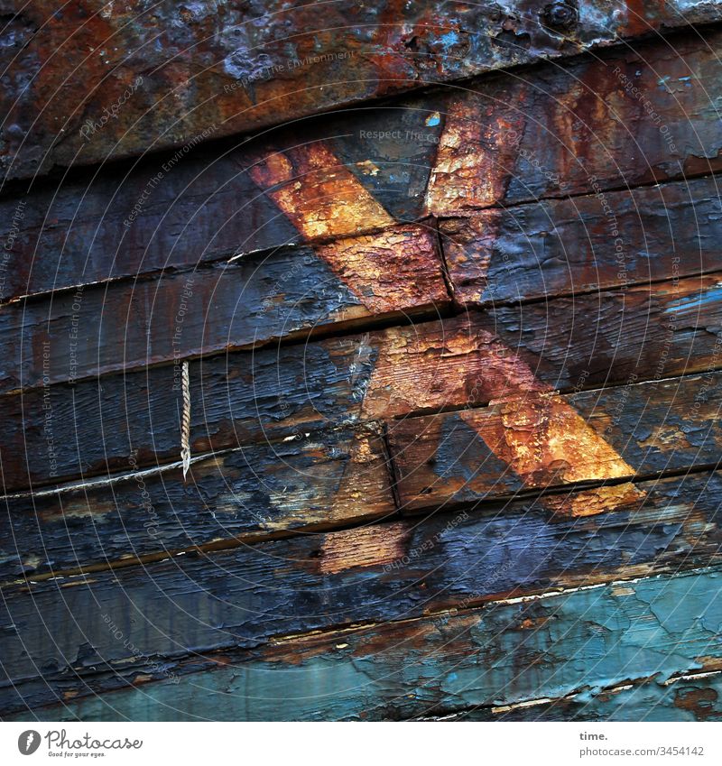 dead | plank X Wood wreck boat wall rots Old Trashy Broken unseaworthy Diagonal Colour letter Iron Rust