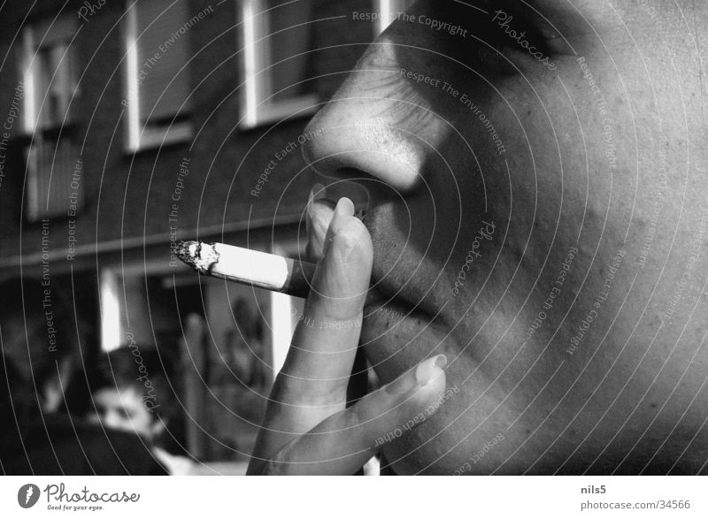 Smoking - why do I do it? Cigarette Think Black White Embers Portrait photograph Woman Fingernail Ashes Face Close-up Detail