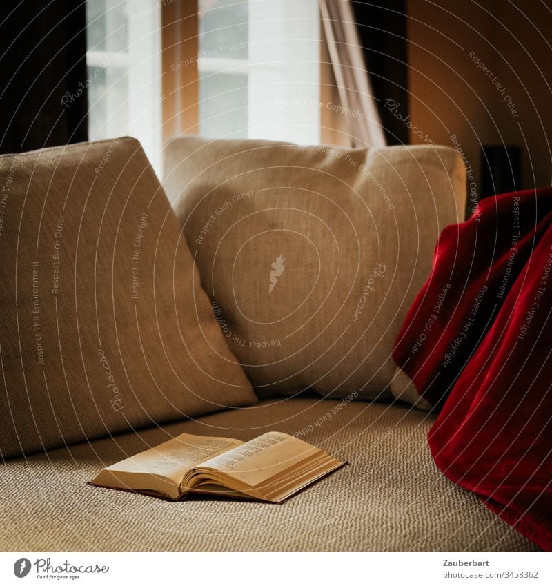 Cosy sofa with pillow, red blanket and book, in the background window with rungs, as a reading place at home Stayhome Sofa Cushion Book Reading Cozy Window