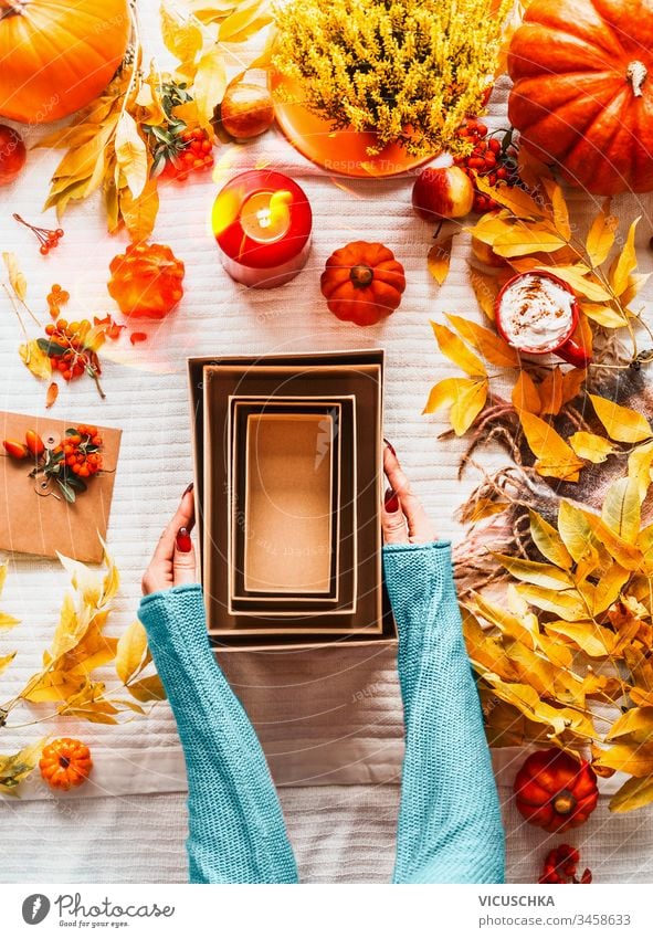 Female hands in blue sweater holding empty eco friendly craft paper boxes on desk with various pumpkins, fall leaves , candles and cappuccino in red mug on white blanket background. Top view. Flat lay
