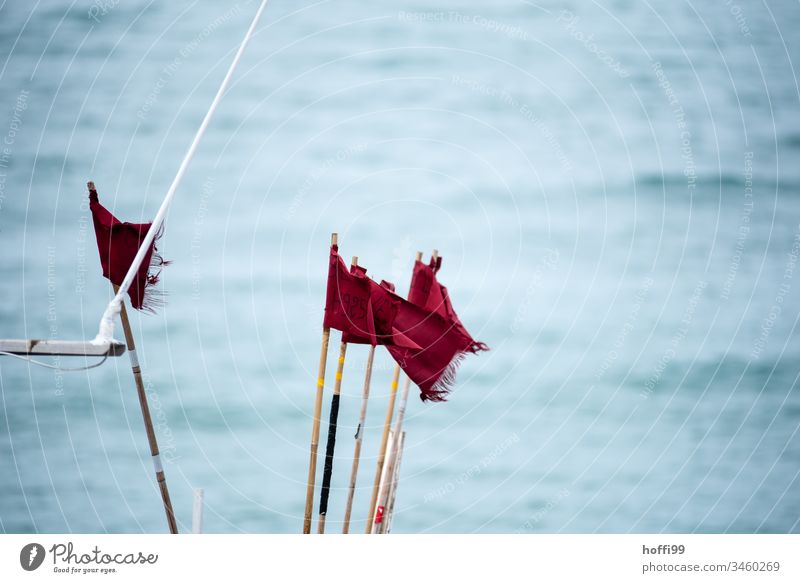 red flags in the wind on fishing boat Red Flag Flagpole Maritime Wild Fishing boat windy Wind Ocean at sea Blow Sky Judder Blue Summer