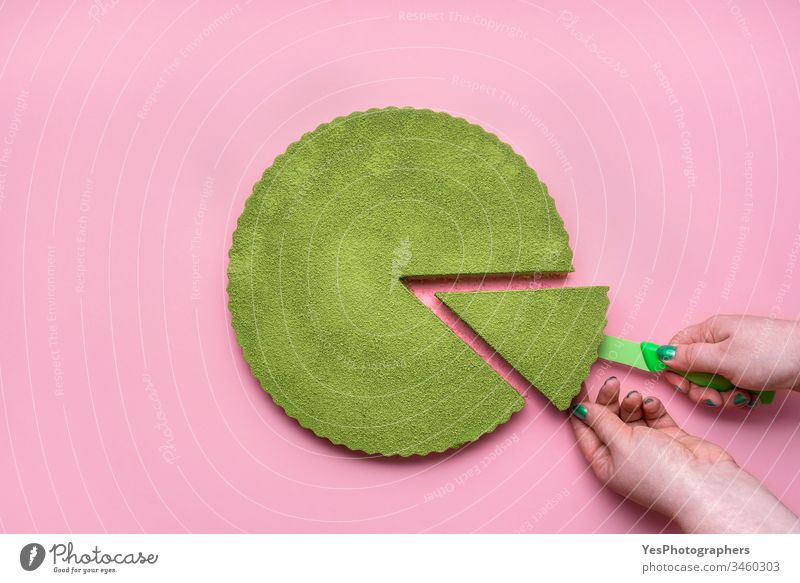 Matcha cheesecake flat lay. Woman hands taking cake slice above view cheesecake tart colorful confectionery creamy delicious dessert food green green cheesecake
