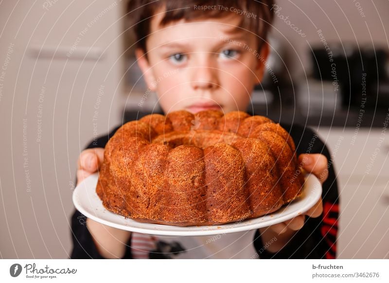 Child holding plate with cake Cake Gugelhupf Sweet Colour photo Delicious Interior shot Baked goods Candy Plate Dessert stop Fresh baked Indicate Pride Baking