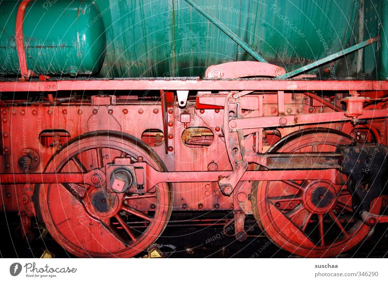 timemachine Technology Logistics Rail transport Railroad Engines Rail vehicle Metal Green Red Movement rail Hard Heavy Containers and vessels Colour photo
