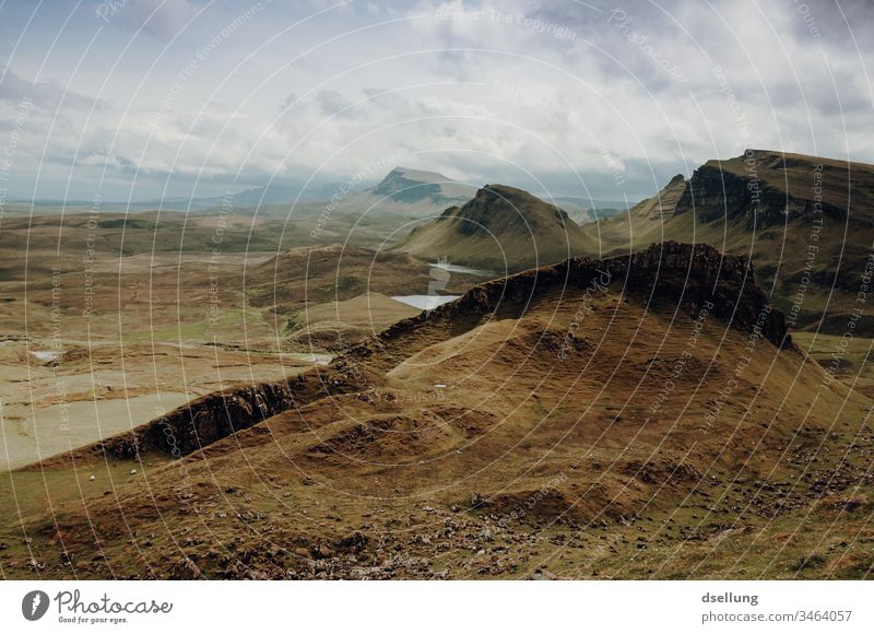 View over the hills of Quiraing on the Isle of Skye Panorama (View) Contrast Shadow Light Day Deserted Scotland Colour photo Exterior shot Quiarang Open Green