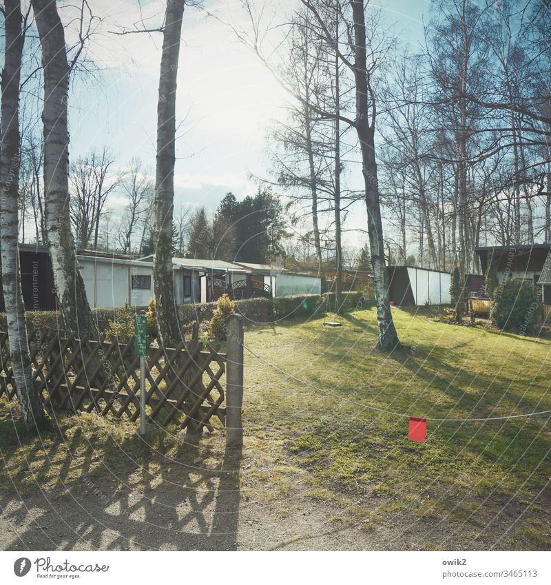 Bungalows Camping site Holiday Village trees Fence cordon Rope pennant signal colour Red Bright Colours Sunlight Back-light bungalows Exterior shot Deserted