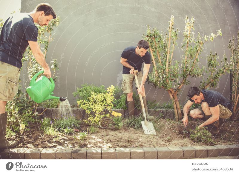 Gardening with watering can, spade and shovel Teamwork renovate Drought Summer Spade Watering can plants Creativity creatively drillings Cast Arrangement