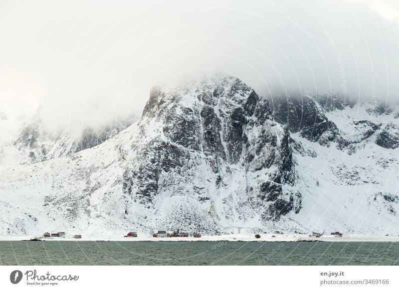 small Dort at the fjord in front of snowy mountains Lofotes Norway Scandinavia Winter Mountain Snowcapped peak Cold Fjord Coast Ocean Snowscape Village