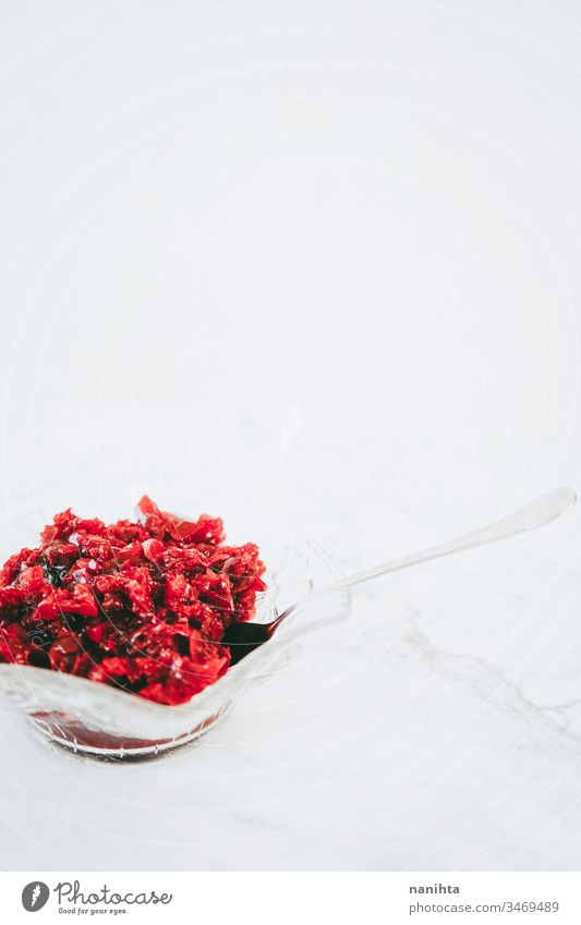Delicious bowl of raspberry jelly dessert berries temptation food sweet healthy simple red gelatin delicious still life copy space flat lay flatlay strawberry