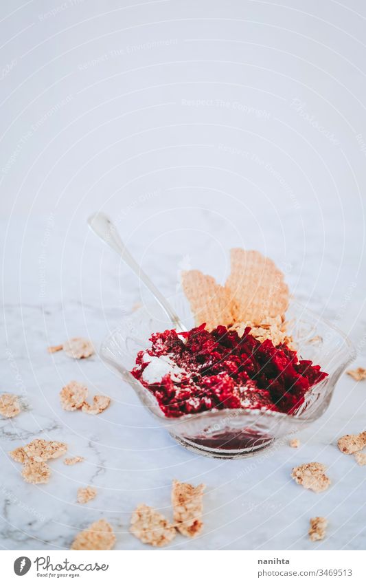 Delicious dessert with jelly, coockies and cereals berries temptation food sweet breakfast healthy simple red gelatin delicious still life copy space flat lay
