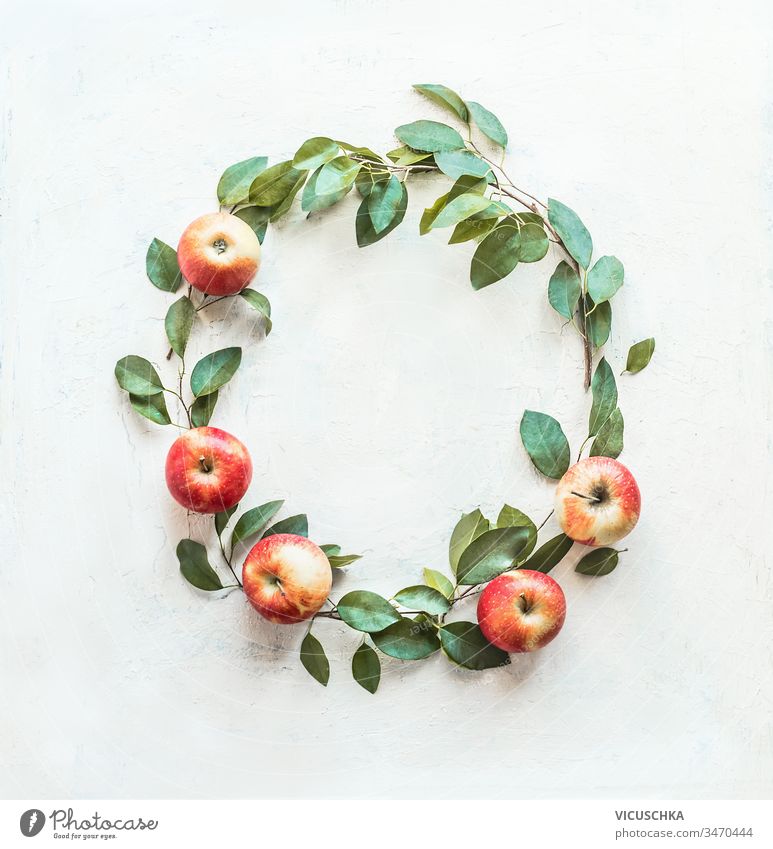 Beautiful circle frame made with apples and green leaves on white background. Fruits wreath. Harvesting . Apple season beautiful fruits harvesting apple season