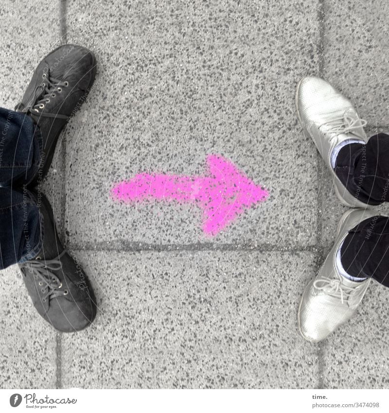 no meterfuffzich - but were also other times | corona thoughts Sidewalk Street off Paving tiles feet Footwear Arrow Stand Opposite spread pink two Whimsical