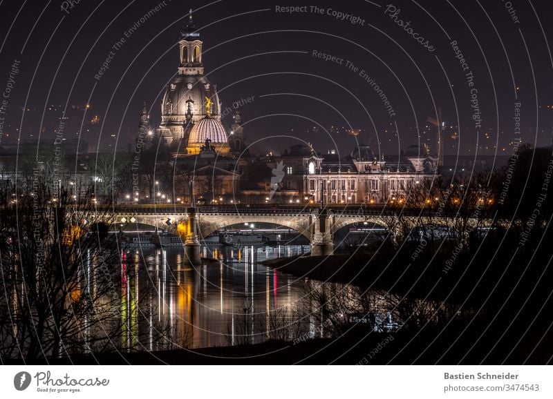 View of the old town of Dresden Esthetic Detail Semper Opera Contentment Art Silhouette Dome Church Dark Monument Manmade structures Historic Copy Space left